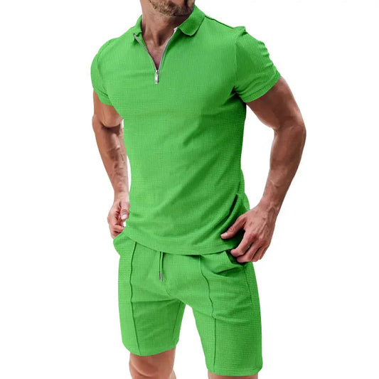2Pcs Casual Waffle Suit Summer Zipper Lapel Short-sleeved Top And Drawstring Pockets Shorts Versatile Solid Color T-shirt Set For Mens Clothing Womens & Mens Apparel Fine Jewelery Accessories Clothing