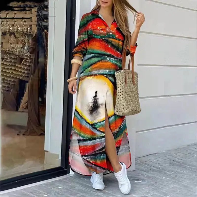 Womens Fashion Long Sleeve Printed Long Dress Womens & Mens Apparel Fine Jewelery Accessories