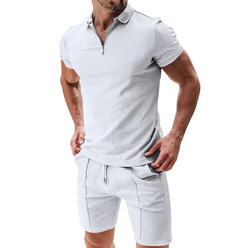 2Pcs Casual Waffle Suit Summer Zipper Lapel Short-sleeved Top And Drawstring Pockets Shorts Versatile Solid Color T-shirt Set For Mens Clothing Womens & Mens Apparel Fine Jewelery Accessories Clothing
