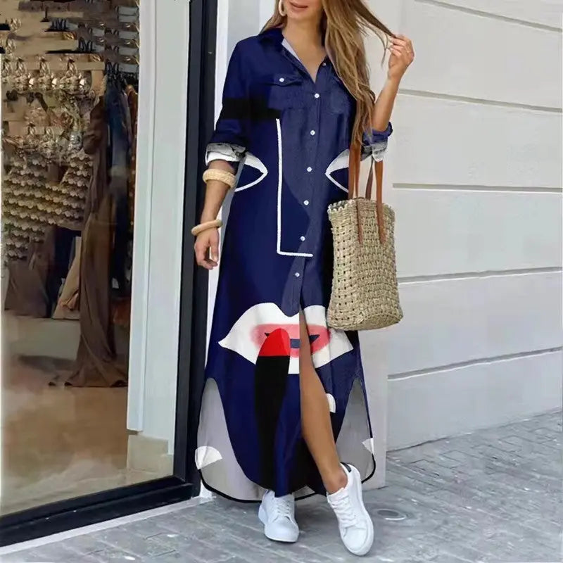 Womens Fashion Long Sleeve Printed Long Dress Womens & Mens Apparel Fine Jewelery Accessories