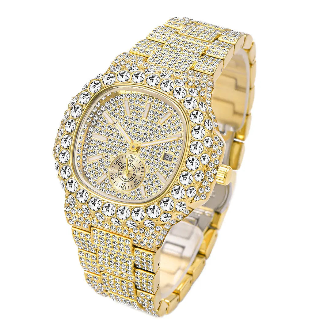 Full Diamond Hip Hop Calendar Luminous Quartz Waterproof Business Men's Gold Watch Womens & Mens Apparel Fine Jewelery Accessories Fashion Full Diamond Hip Hop Calendar Luminous Quartz Waterproof Business Men's Gold Watch