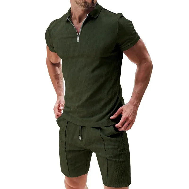 2Pcs Casual Waffle Suit Summer Zipper Lapel Short-sleeved Top And Drawstring Pockets Shorts Versatile Solid Color T-shirt Set For Mens Clothing Womens & Mens Apparel Fine Jewelery Accessories Clothing