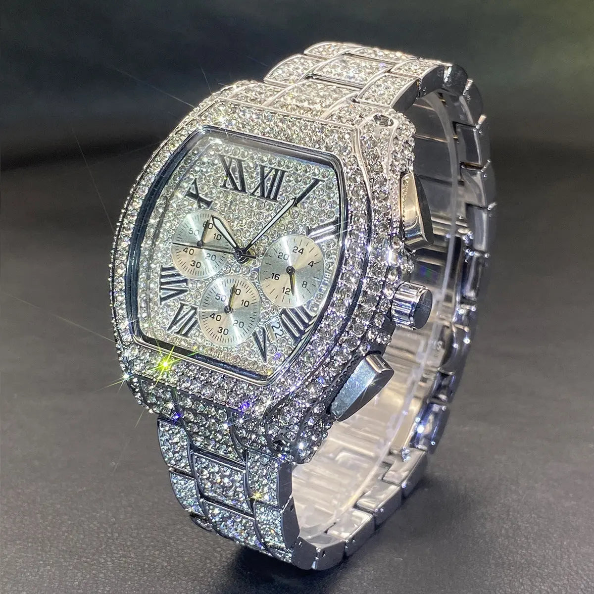 Hip Hop Men's Full Diamond Multi-function Chronograph Luminous Tonneau Quartz Watch Womens & Mens Apparel Fine Jewelery Accessories Fashion Hip Hop Men's Full Diamond Multi-function Chronograph Luminous Tonneau Quartz Watch