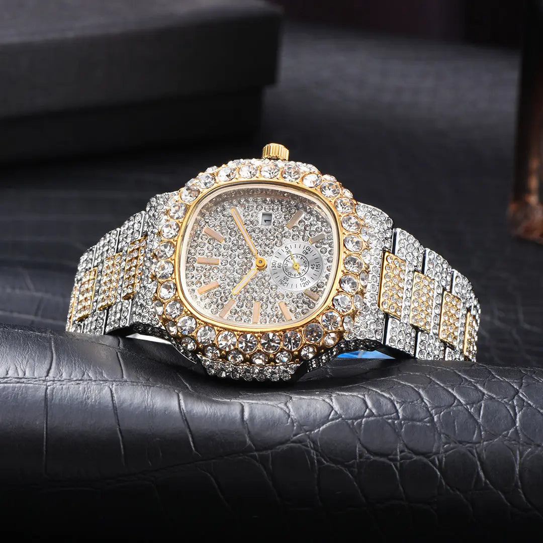 Full Diamond Hip Hop Calendar Luminous Quartz Waterproof Business Men's Gold Watch Womens & Mens Apparel Fine Jewelery Accessories Fashion Full Diamond Hip Hop Calendar Luminous Quartz Waterproof Business Men's Gold Watch