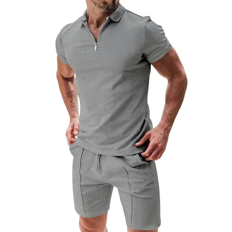 2Pcs Casual Waffle Suit Summer Zipper Lapel Short-sleeved Top And Drawstring Pockets Shorts Versatile Solid Color T-shirt Set For Mens Clothing Womens & Mens Apparel Fine Jewelery Accessories Clothing