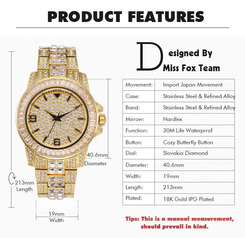 Stainless Steel Waterproof Full Diamond Watch Womens & Mens Apparel Fine Jewelery Accessories