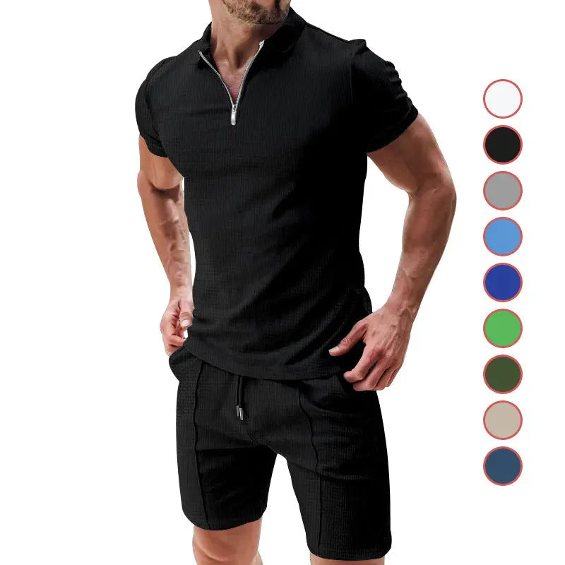 2Pcs Casual Waffle Suit Summer Zipper Lapel Short-sleeved Top And Drawstring Pockets Shorts Versatile Solid Color T-shirt Set For Mens Clothing Womens & Mens Apparel Fine Jewelery Accessories Clothing