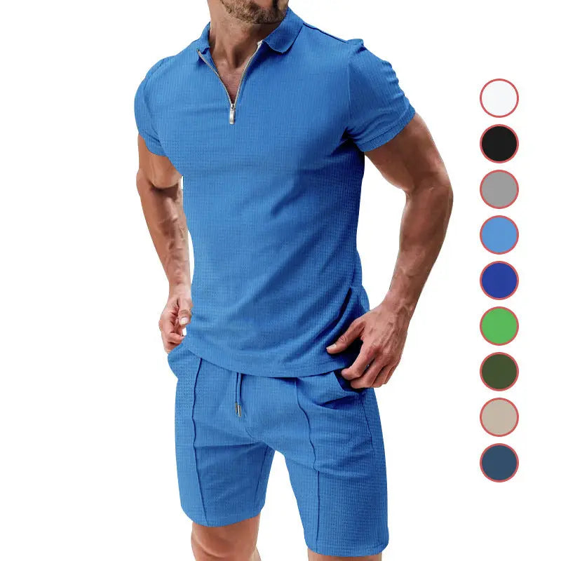 2Pcs Casual Waffle Suit Summer Zipper Lapel Short-sleeved Top And Drawstring Pockets Shorts Versatile Solid Color T-shirt Set For Mens Clothing Womens & Mens Apparel Fine Jewelery Accessories Clothing