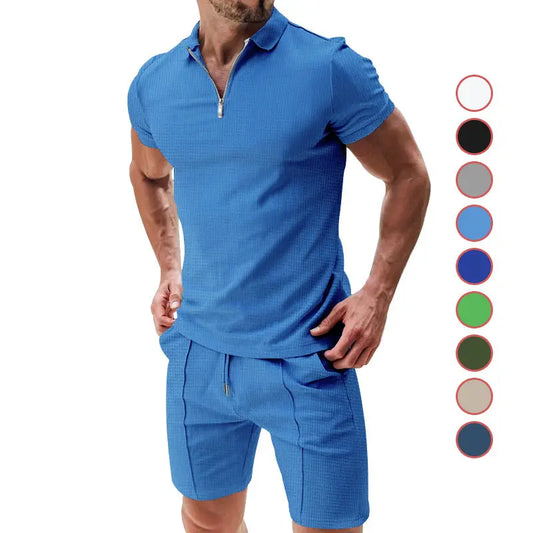 2Pcs Casual Waffle Suit Summer Zipper Lapel Short-sleeved Top And Drawstring Pockets Shorts Versatile Solid Color T-shirt Set For Mens Clothing Womens & Mens Apparel Fine Jewelery Accessories Clothing