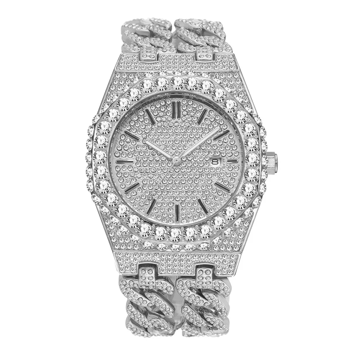 Men's Hip Hop Iced Diamond Fashion Cuban Link Chain Quartz Clock Womens & Mens Apparel Fine Jewelery Accessories Fashion Men's Hip Hop Iced Diamond Fashion Cuban Link Chain Quartz Clock