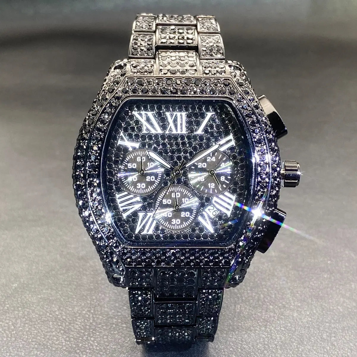 Hip Hop Men's Full Diamond Multi-function Chronograph Luminous Tonneau Quartz Watch Womens & Mens Apparel Fine Jewelery Accessories Fashion Hip Hop Men's Full Diamond Multi-function Chronograph Luminous Tonneau Quartz Watch