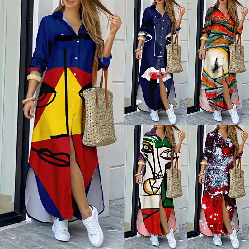 Womens Fashion Long Sleeve Printed Long Dress Womens & Mens Apparel Fine Jewelery Accessories