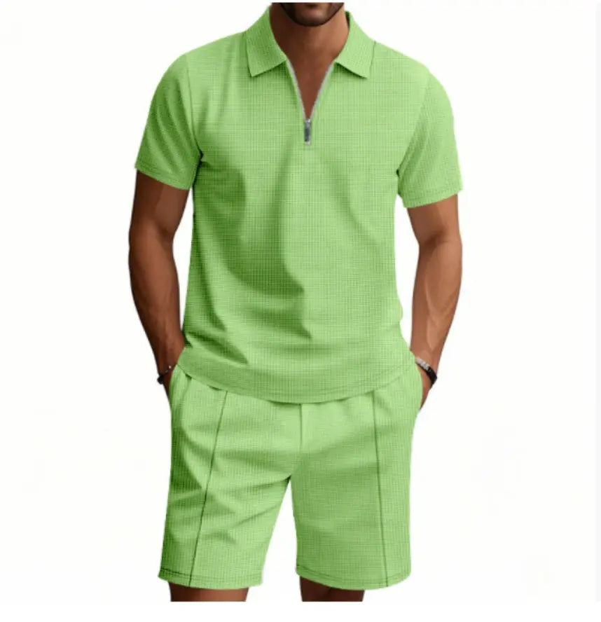 2Pcs Casual Waffle Suit Summer Zipper Lapel Short-sleeved Top And Drawstring Pockets Shorts Versatile Solid Color T-shirt Set For Mens Clothing Womens & Mens Apparel Fine Jewelery Accessories Clothing