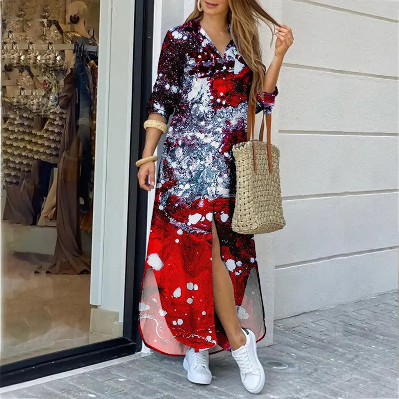 Womens Fashion Long Sleeve Printed Long Dress Womens & Mens Apparel Fine Jewelery Accessories