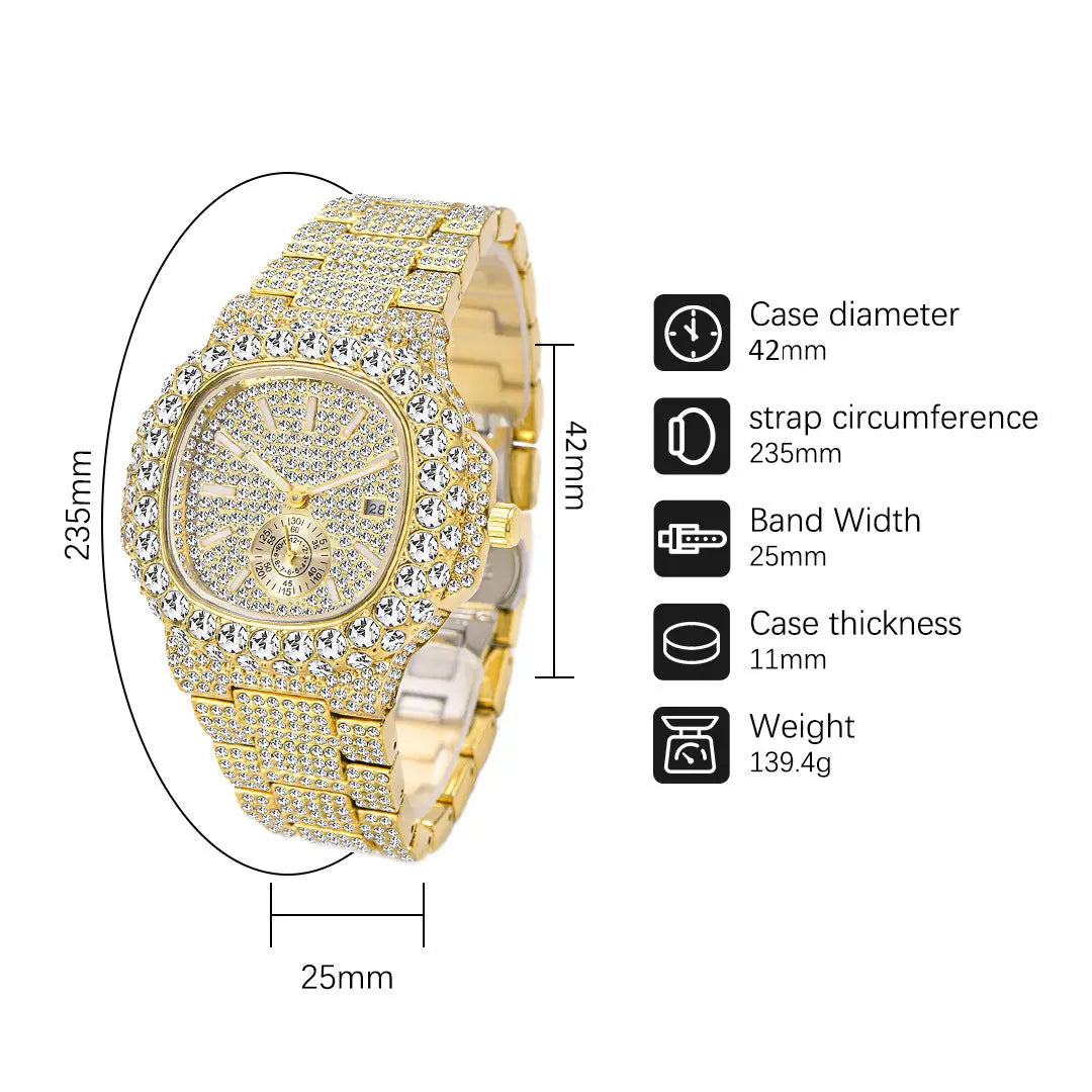 Full Diamond Hip Hop Calendar Luminous Quartz Waterproof Business Men's Gold Watch Womens & Mens Apparel Fine Jewelery Accessories Fashion Full Diamond Hip Hop Calendar Luminous Quartz Waterproof Business Men's Gold Watch