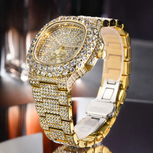 Full Diamond Hip Hop Calendar Luminous Quartz Waterproof Business Men's Gold Watch Womens & Mens Apparel Fine Jewelery Accessories Fashion Full Diamond Hip Hop Calendar Luminous Quartz Waterproof Business Men's Gold Watch