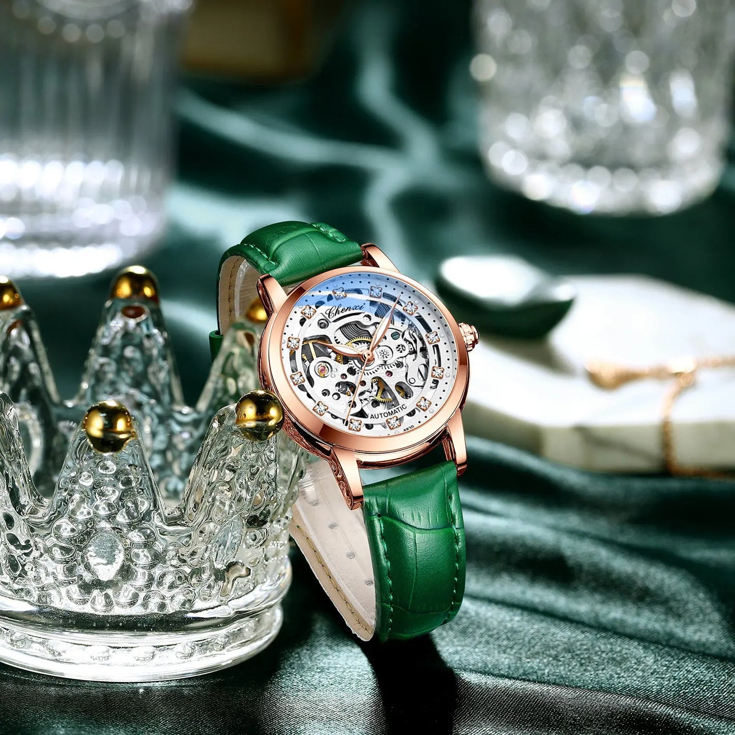 Fashion Diamond Waterproof Automatic Hollow Mechanical Watch Womens & Mens Apparel Fine Jewelery Accessories