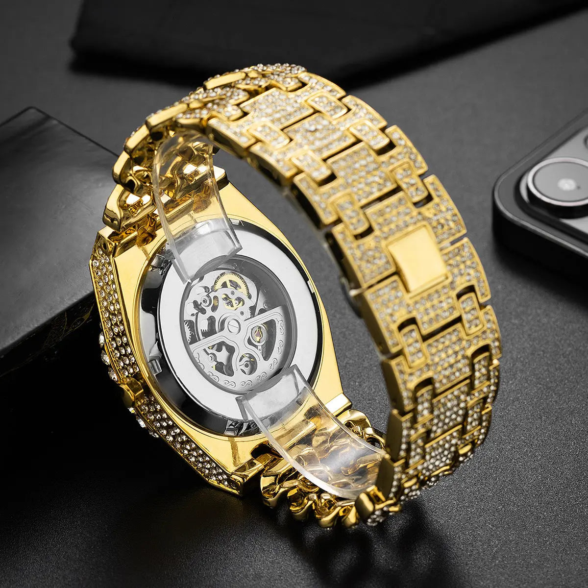 Full Diamond Hip Hop Cuban Link Chain Stitching Hollow Automatic Mechanical Watch Womens & Mens Apparel Fine Jewelery Accessories Fashion Full Diamond Hip Hop Cuban Link Chain Stitching Hollow Automatic Mechanical Watch