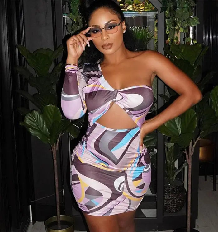 womens unilateral sleeve hollow printed dress Womens & Mens Apparel Fine Jewelery Accessories