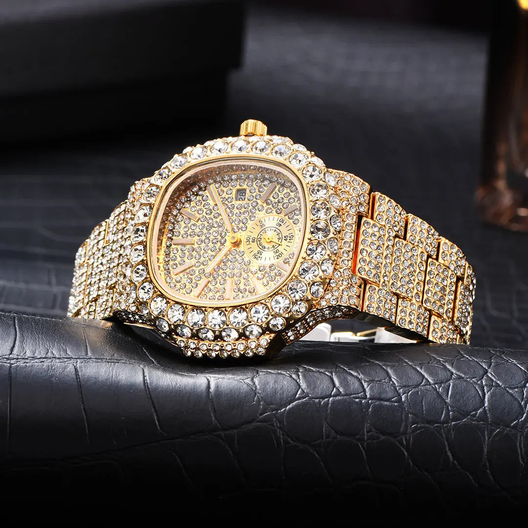Full Diamond Hip Hop Calendar Luminous Quartz Waterproof Business Men's Gold Watch Womens & Mens Apparel Fine Jewelery Accessories Fashion Full Diamond Hip Hop Calendar Luminous Quartz Waterproof Business Men's Gold Watch