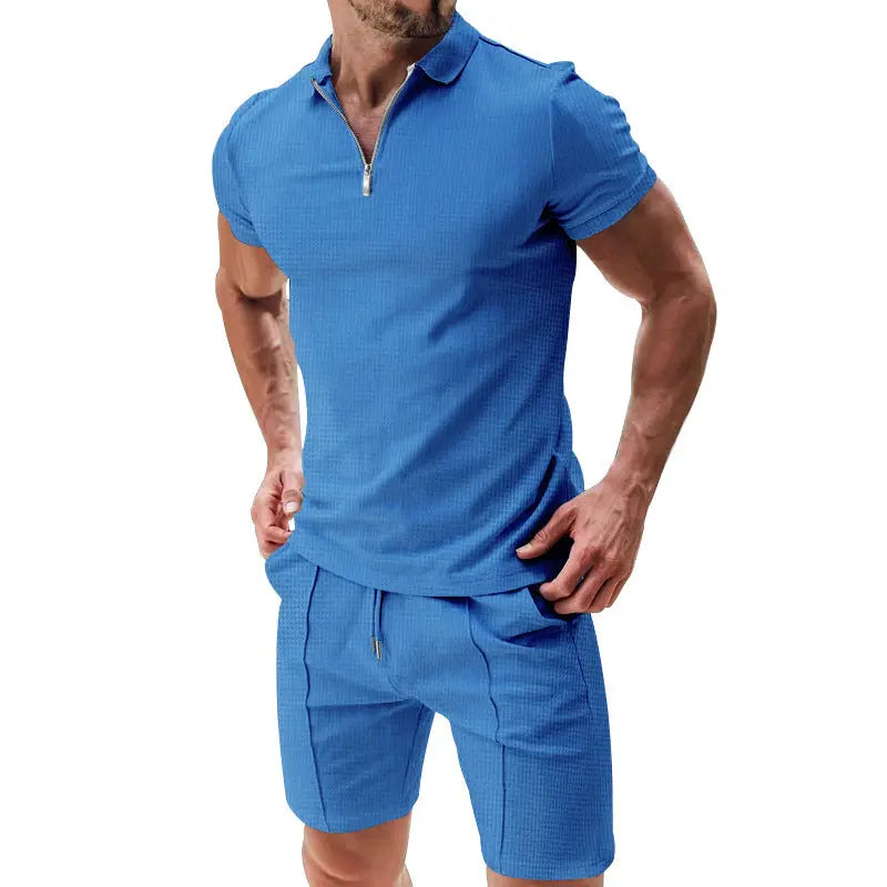 2Pcs Casual Waffle Suit Summer Zipper Lapel Short-sleeved Top And Drawstring Pockets Shorts Versatile Solid Color T-shirt Set For Mens Clothing Womens & Mens Apparel Fine Jewelery Accessories Clothing